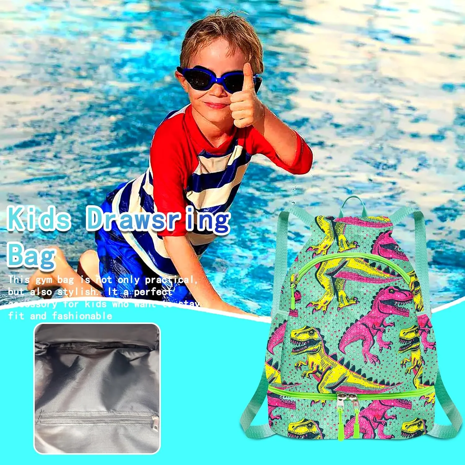 RLGPBON Drawstring Backpack for Kids,Youth Gym Dance Beach Swim Travel Bag for Girls and Boys with Two Water Bottle Holders