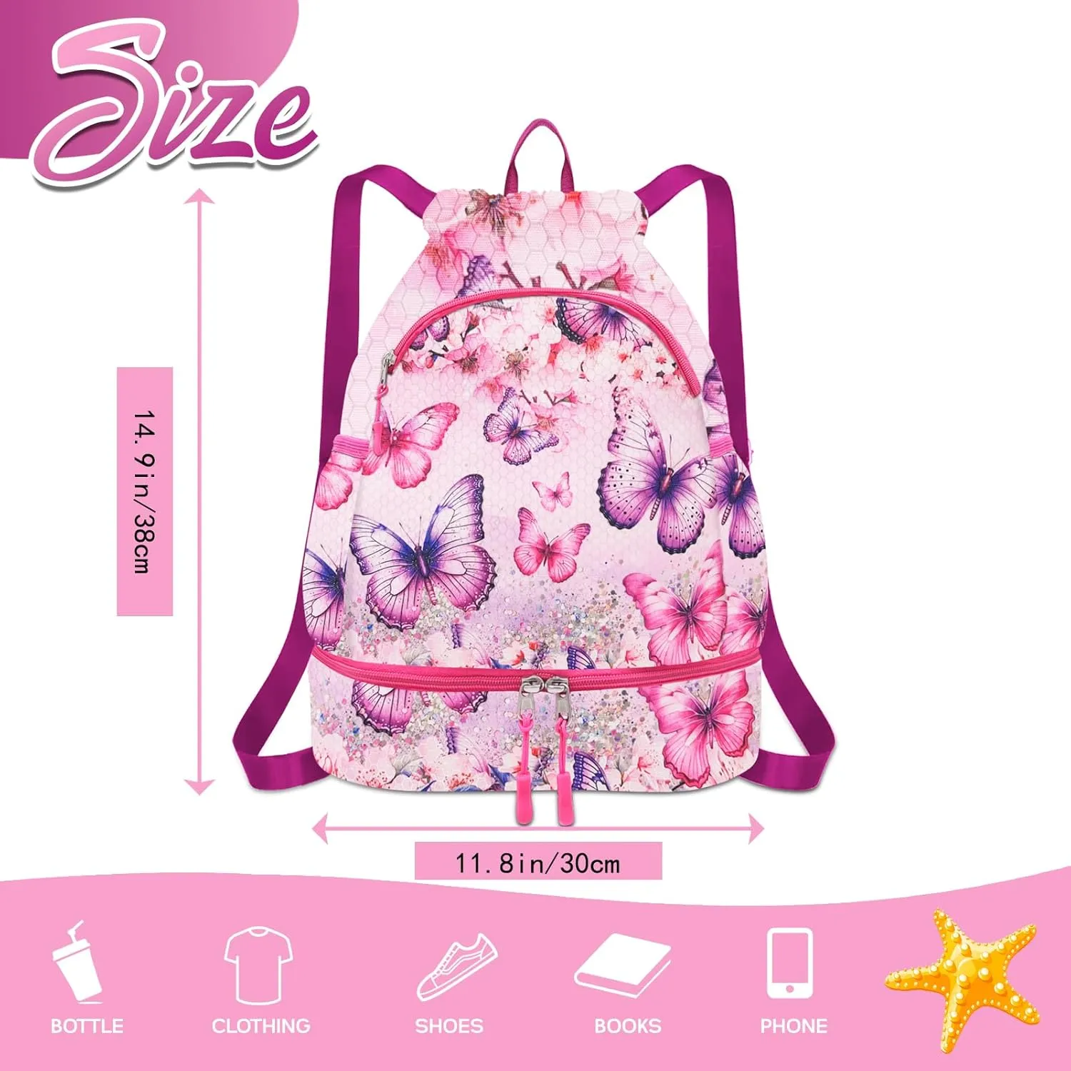 RLGPBON Drawstring Backpack for Kids,Youth Gym Dance Beach Swim Travel Bag for Girls and Boys with Two Water Bottle Holders