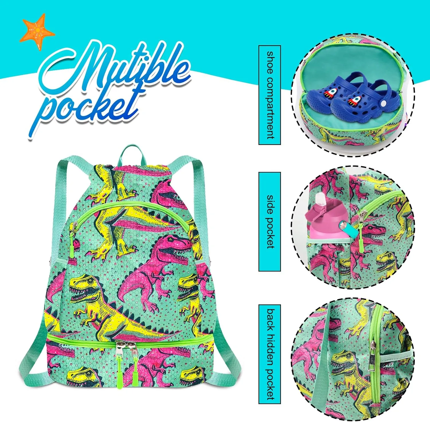 RLGPBON Drawstring Backpack for Kids,Youth Gym Dance Beach Swim Travel Bag for Girls and Boys with Two Water Bottle Holders