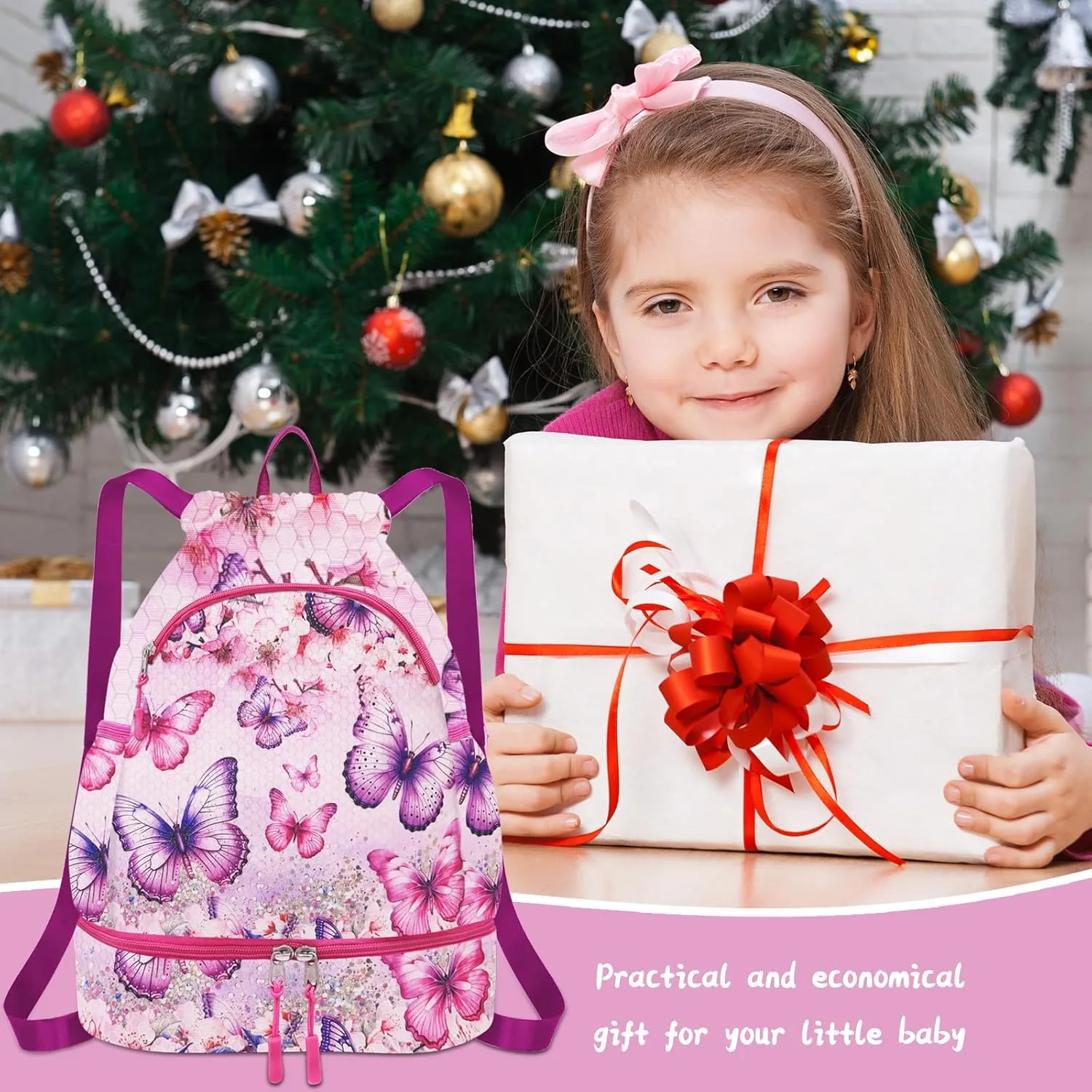 RLGPBON Drawstring Backpack for Kids,Youth Gym Dance Beach Swim Travel Bag for Girls and Boys with Two Water Bottle Holders