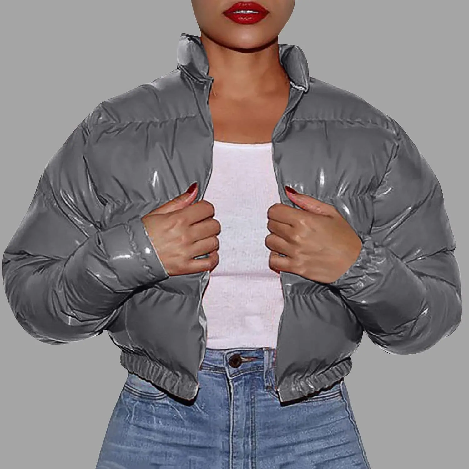 SHAOBGE Jacket for Women Plus Size Women Autumn and Winter Cotton Coat Shiny Metal Short Cotton Coat Anorak Lined Jacket