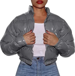 SHAOBGE Jacket for Women Plus Size Women Autumn and Winter Cotton Coat Shiny Metal Short Cotton Coat Anorak Lined Jacket