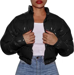 SHAOBGE Jacket for Women Plus Size Women Autumn and Winter Cotton Coat Shiny Metal Short Cotton Coat Anorak Lined Jacket
