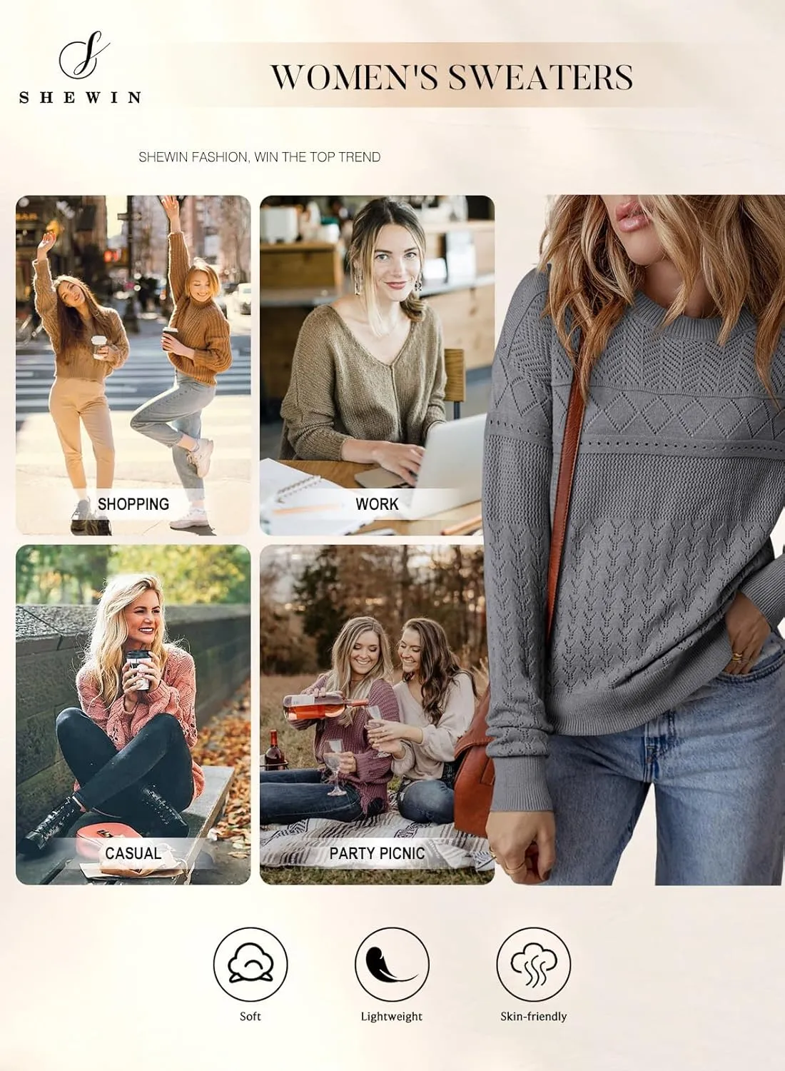 SHEWIN Sweaters for Women Casual Crew Neck Long Sleeve Crochet Pullover Tops Sweater