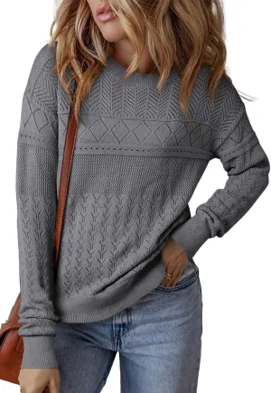SHEWIN Sweaters for Women Casual Crew Neck Long Sleeve Crochet Pullover Tops Sweater