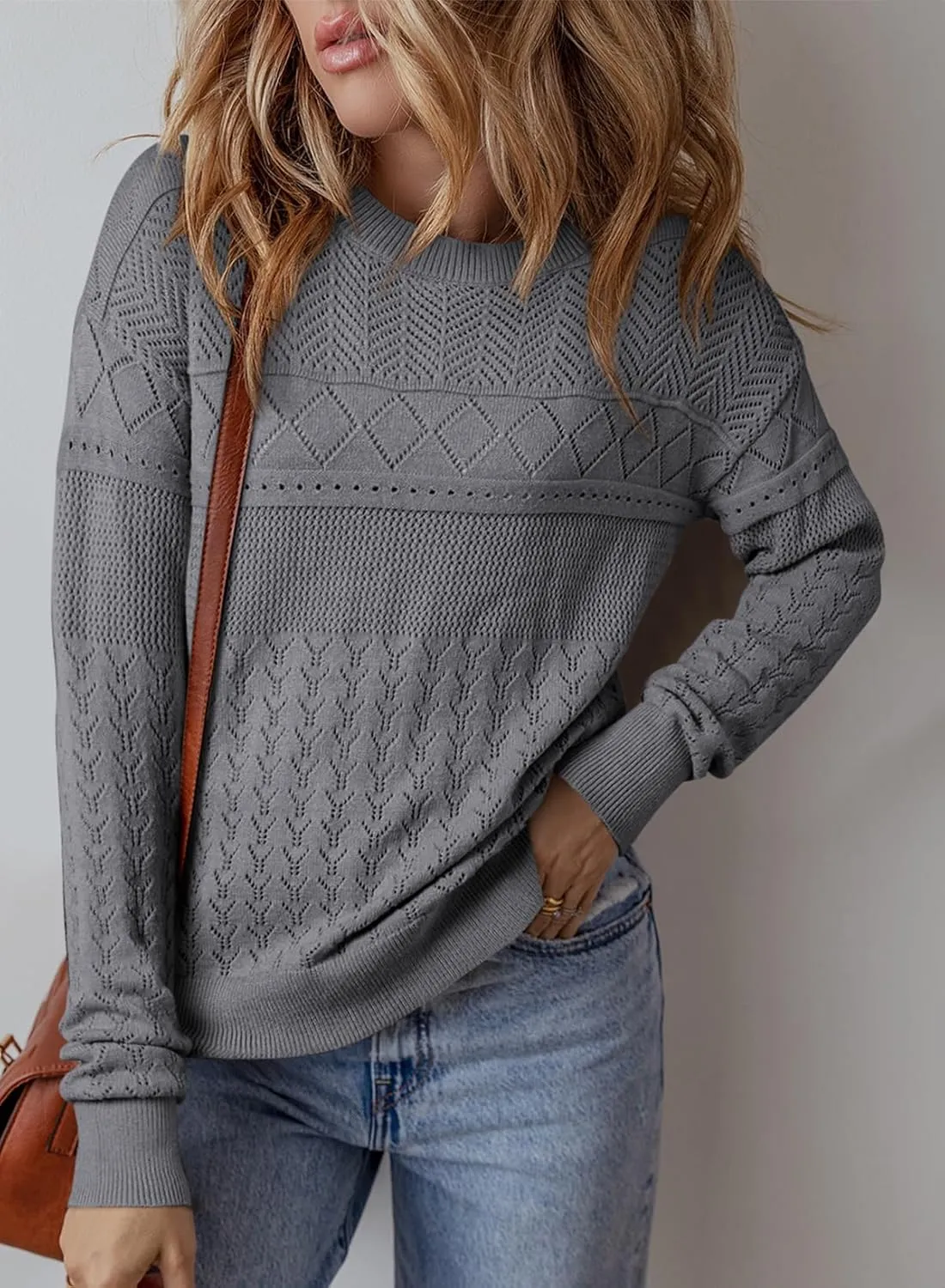 SHEWIN Sweaters for Women Casual Crew Neck Long Sleeve Crochet Pullover Tops Sweater