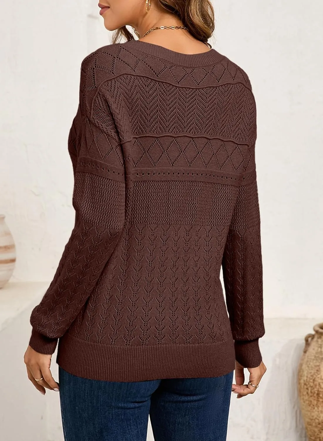 SHEWIN Sweaters for Women Casual Crew Neck Long Sleeve Crochet Pullover Tops Sweater