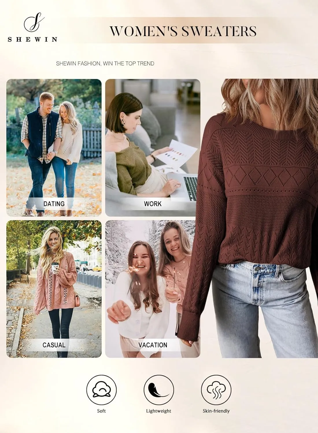 SHEWIN Sweaters for Women Casual Crew Neck Long Sleeve Crochet Pullover Tops Sweater