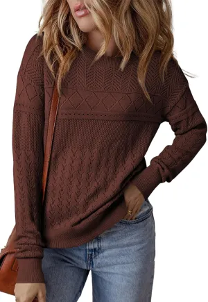 SHEWIN Sweaters for Women Casual Crew Neck Long Sleeve Crochet Pullover Tops Sweater