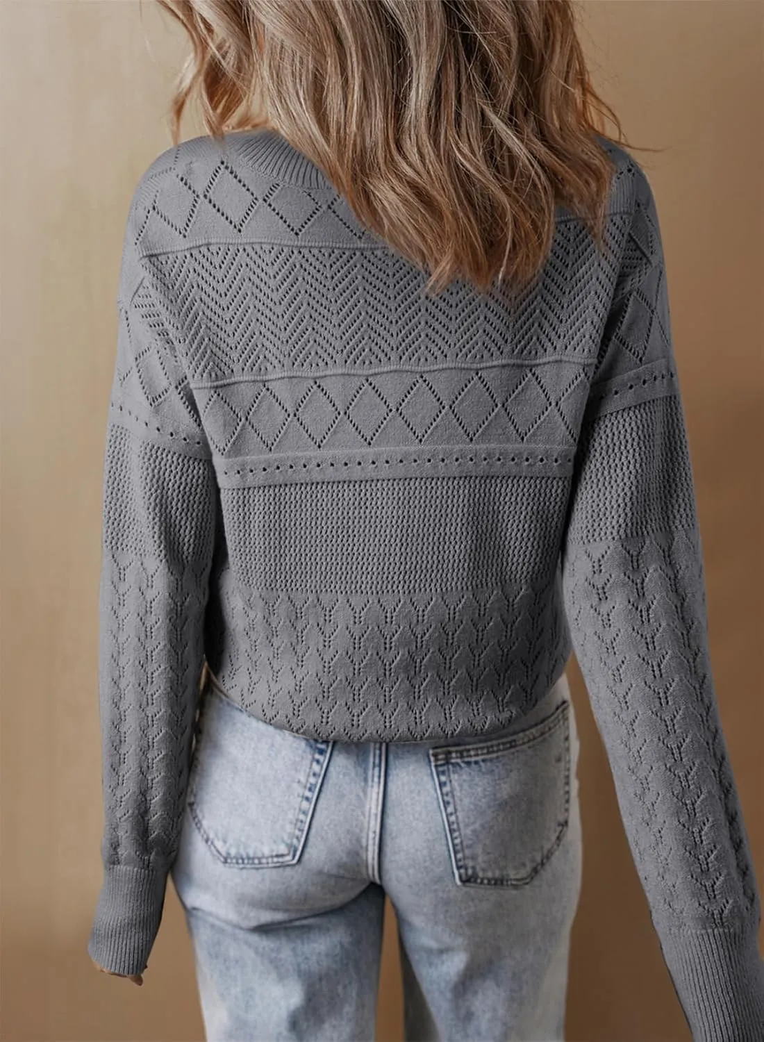 SHEWIN Sweaters for Women Casual Crew Neck Long Sleeve Crochet Pullover Tops Sweater