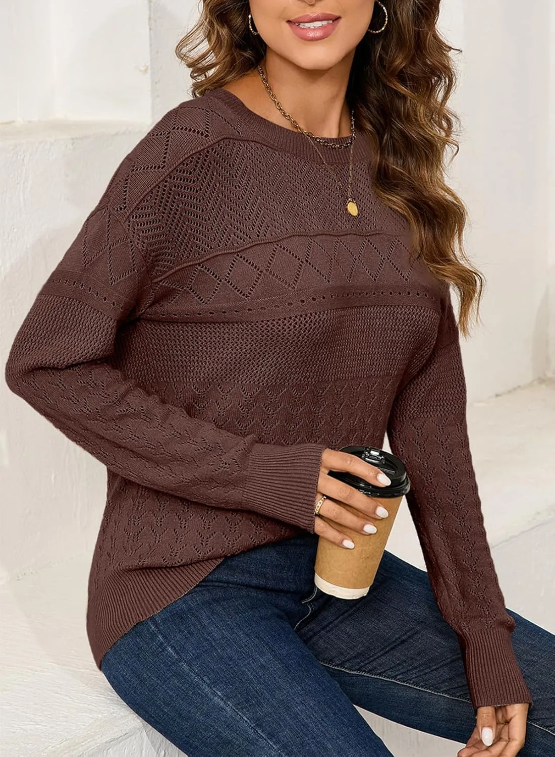 SHEWIN Sweaters for Women Casual Crew Neck Long Sleeve Crochet Pullover Tops Sweater