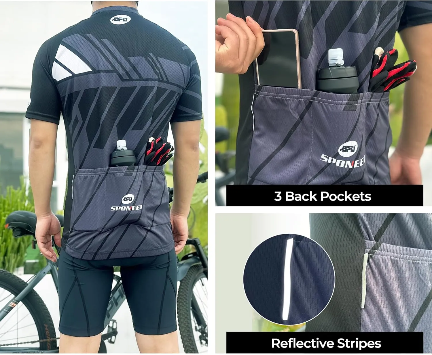 sponeed Men's Cycling Jerseys Tops Biking Shirts Short Sleeve Bike Clothing Full Zipper Bicycle Jacket with Pockets