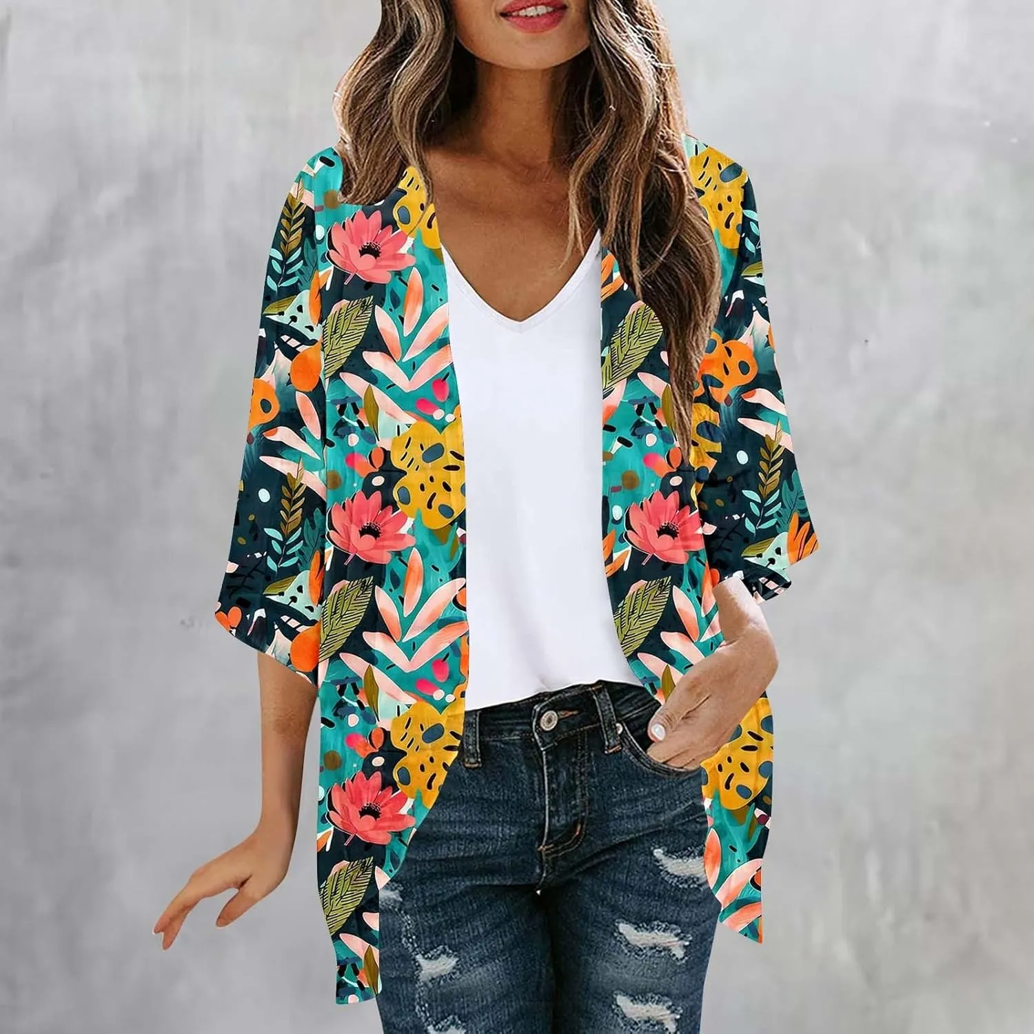 Summer Lightweight Cardigan Rash Guard for Women 3/4 Sleeve Chiffon Kimono Shrug Beach Cover Ups Floral Beach Coverup