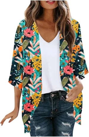 Summer Lightweight Cardigan Rash Guard for Women 3/4 Sleeve Chiffon Kimono Shrug Beach Cover Ups Floral Beach Coverup