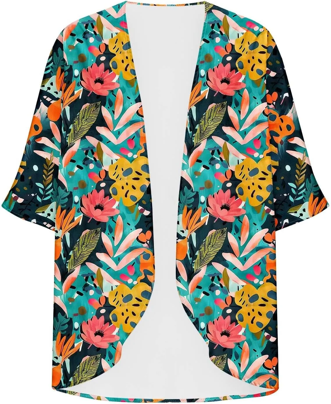 Summer Lightweight Cardigan Rash Guard for Women 3/4 Sleeve Chiffon Kimono Shrug Beach Cover Ups Floral Beach Coverup