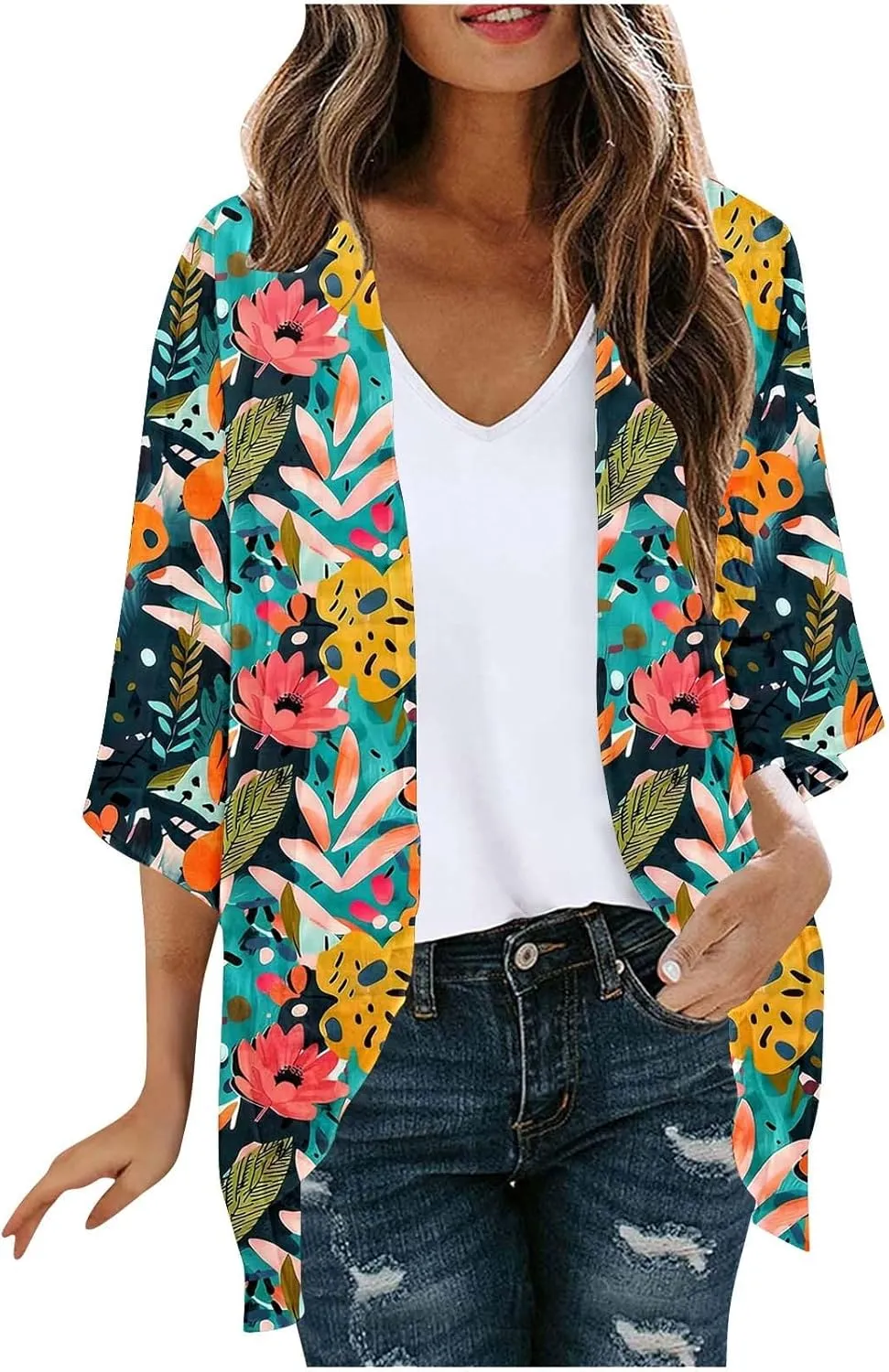 Summer Lightweight Cardigan Rash Guard for Women 3/4 Sleeve Chiffon Kimono Shrug Beach Cover Ups Floral Beach Coverup
