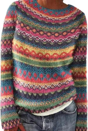 Sweater for Women Knitted Long Sleeve Sweater Tops Fair Isle Print Ugly Christmas Pullover Retro Crewneck Sweaters