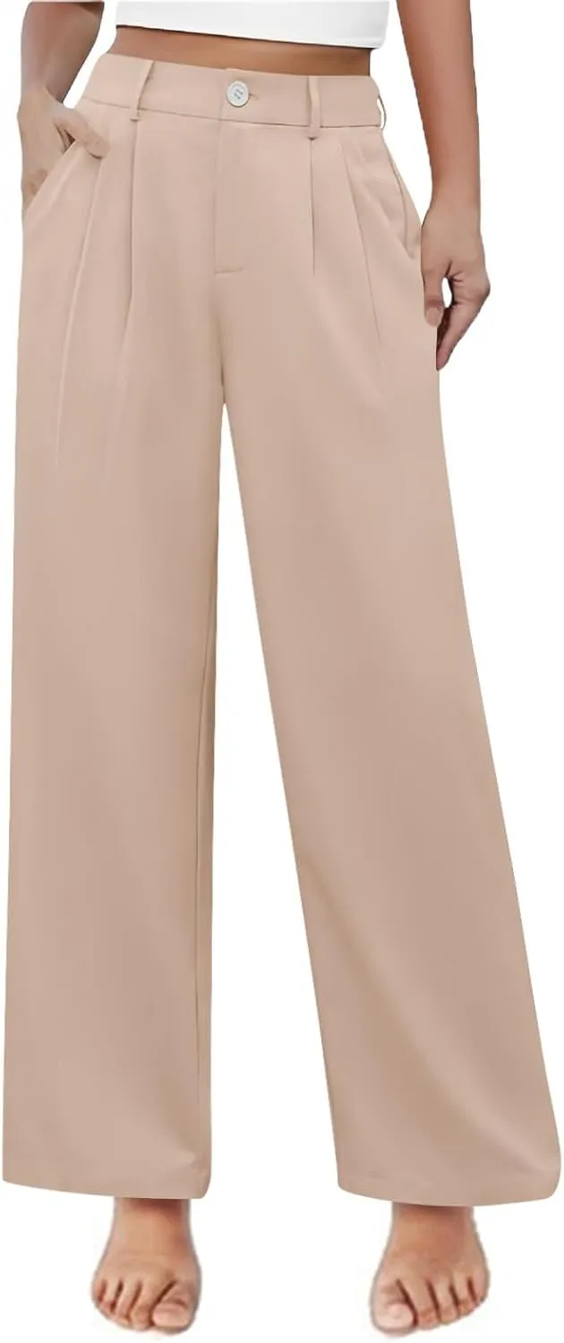 Teen Girls Dress Pants Pull On Relaxed Fit Trousers Straight Leg High Waisted Loose Fit Solid Color Pants with Pockets