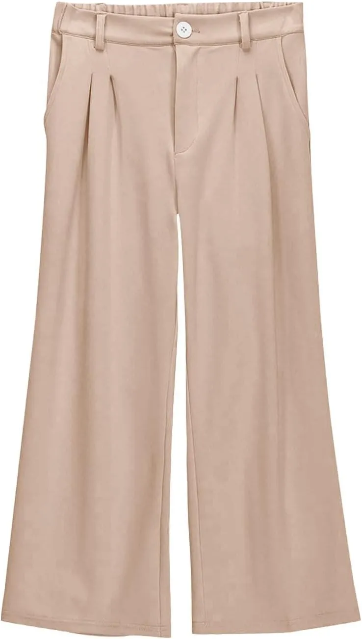 Teen Girls Dress Pants Pull On Relaxed Fit Trousers Straight Leg High Waisted Loose Fit Solid Color Pants with Pockets