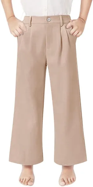 Teen Girls Dress Pants Pull On Relaxed Fit Trousers Straight Leg High Waisted Loose Fit Solid Color Pants with Pockets