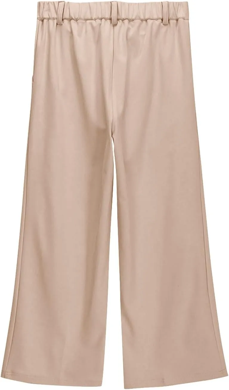 Teen Girls Dress Pants Pull On Relaxed Fit Trousers Straight Leg High Waisted Loose Fit Solid Color Pants with Pockets