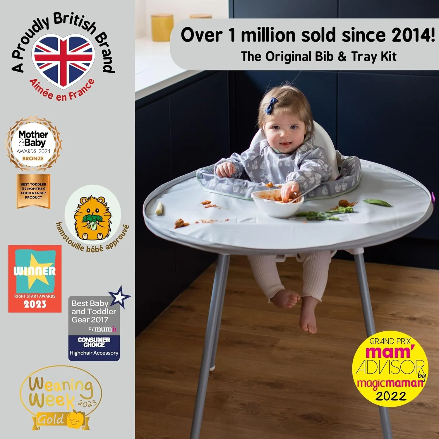 Tidy Tot- Baby Bib & Tray Kit - Mess Proof Long Sleeve Smock Attaches to Feeding Mat, Waterproof Bib - Fits Babies 6-24 Month