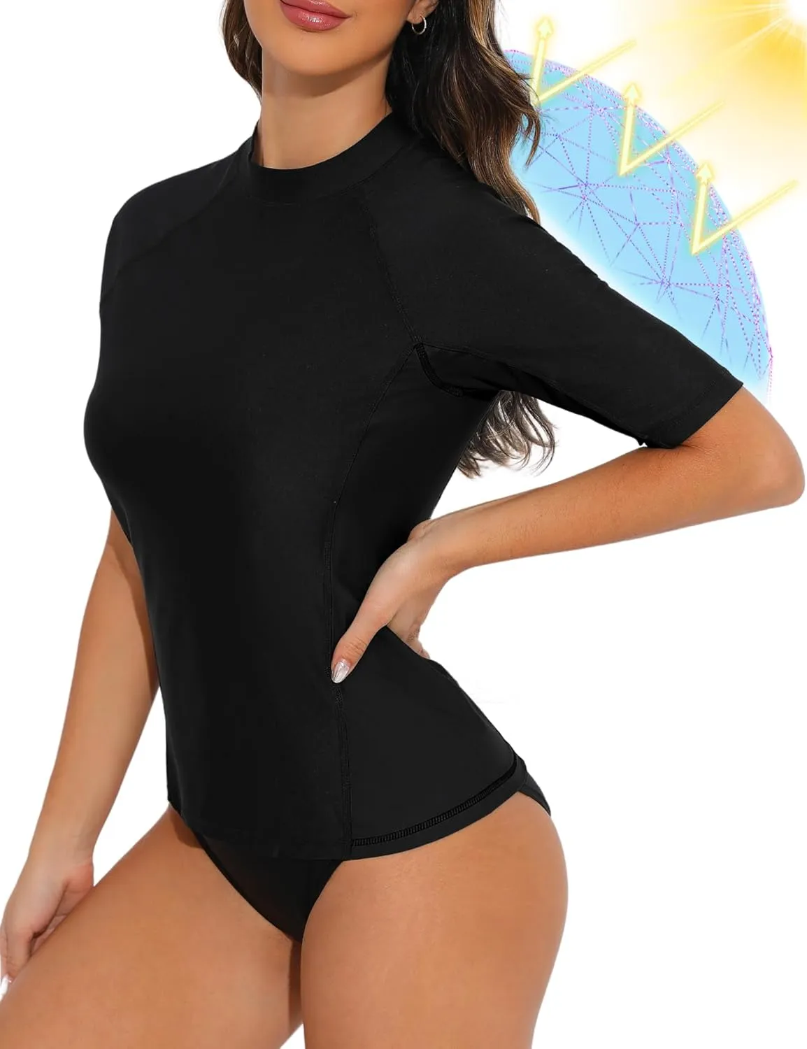 Tournesol Women Swim Shirt Short Sleeve Rash Guard SPF & UV Protection Rashguard Tops Round Neck Bathing Suit Top