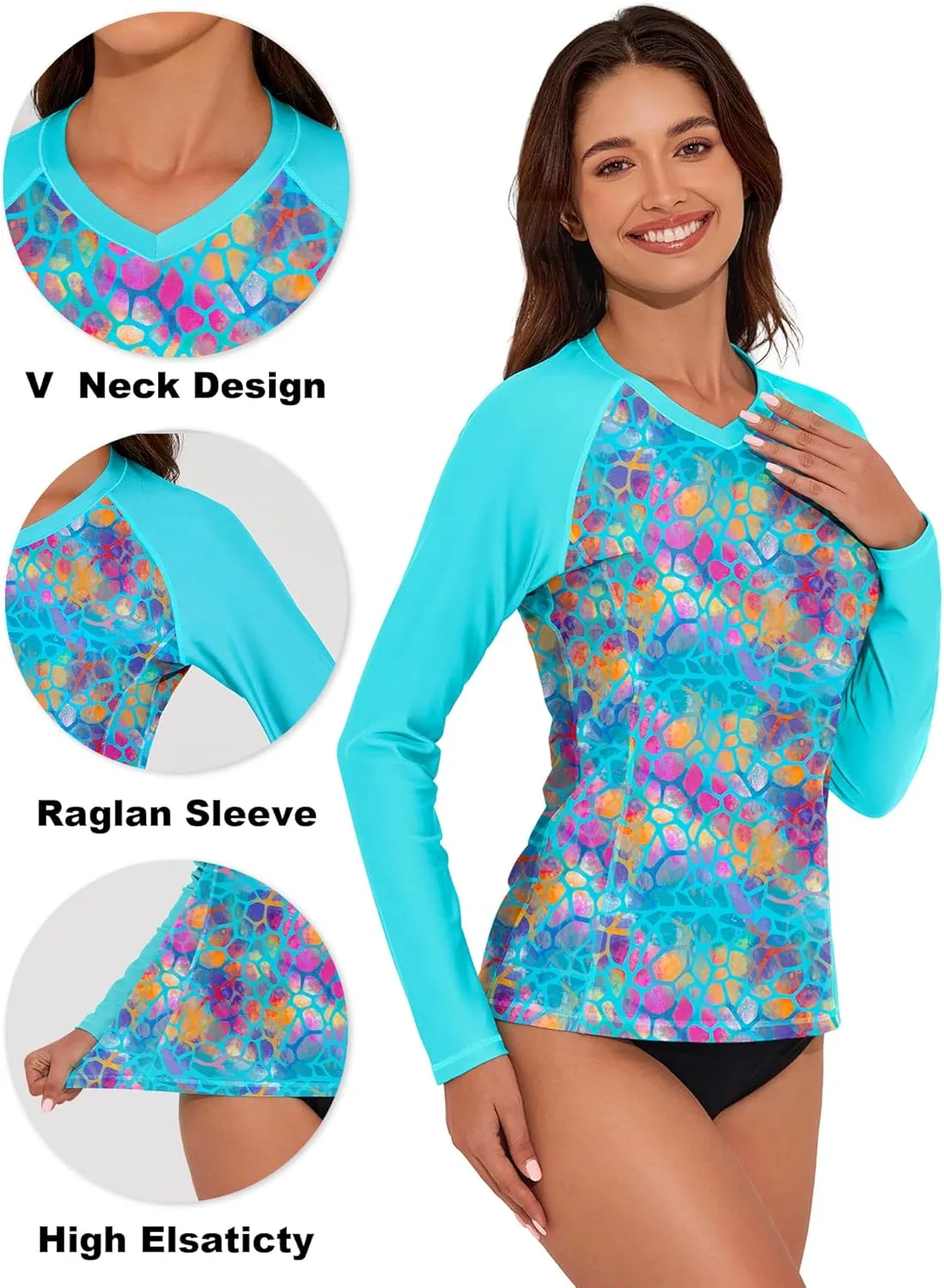 Tournesol Women's Rash Guard Long Sleeve Swim Shirts UPF50  SPF Sun Protection Swimsuit V Neck Rashguard Swimwear Top