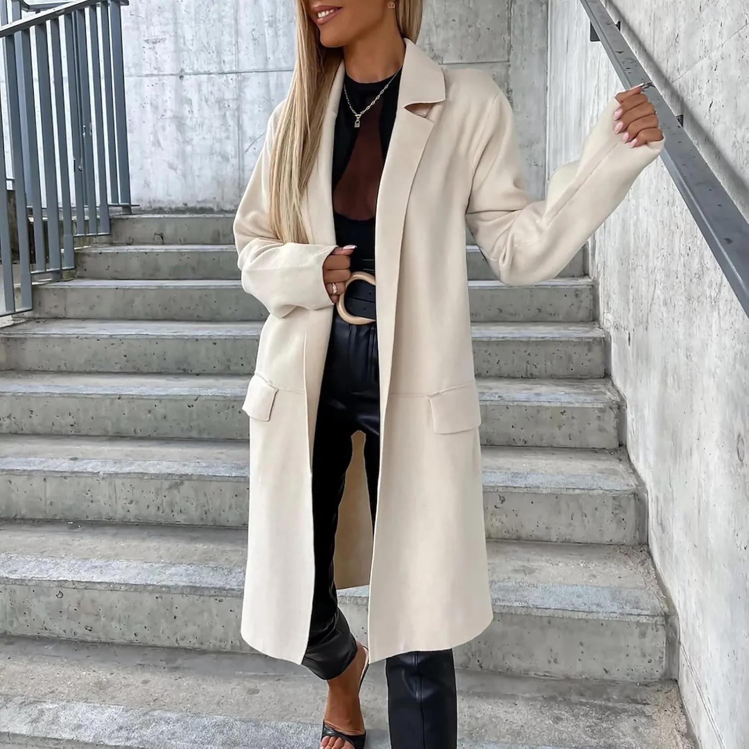 Trench Coats for Women Long Open Front Oversized Knitted Sweater Coat Classic Lapel Overcoat Windproof Jackets