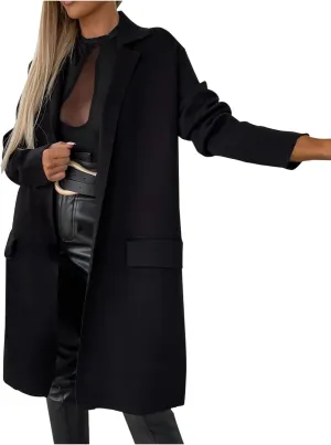 Trench Coats for Women Long Open Front Oversized Knitted Sweater Coat Classic Lapel Overcoat Windproof Jackets