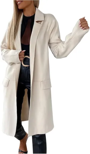 Trench Coats for Women Long Open Front Oversized Knitted Sweater Coat Classic Lapel Overcoat Windproof Jackets