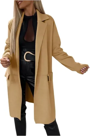 Trench Coats for Women Long Open Front Oversized Knitted Sweater Coat Classic Lapel Overcoat Windproof Jackets