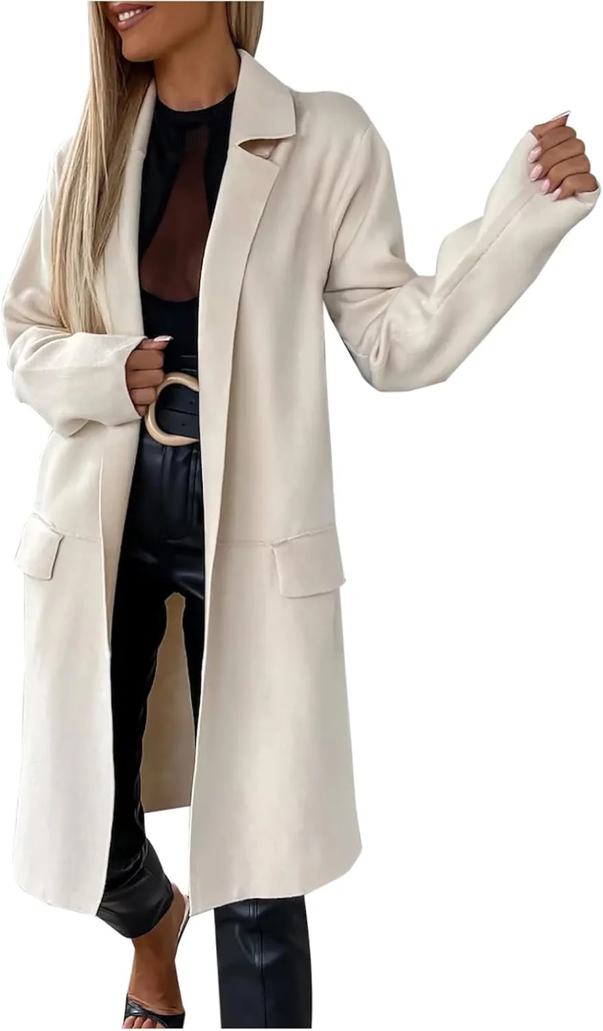 Trench Coats for Women Long Open Front Oversized Knitted Sweater Coat Classic Lapel Overcoat Windproof Jackets