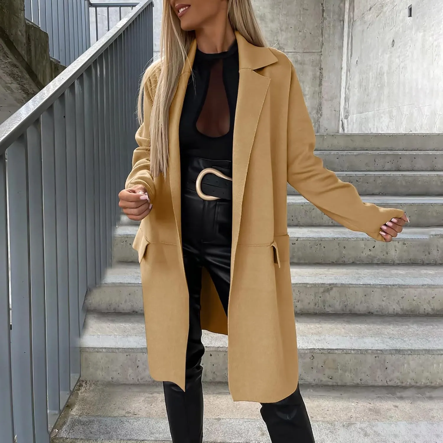 Trench Coats for Women Long Open Front Oversized Knitted Sweater Coat Classic Lapel Overcoat Windproof Jackets