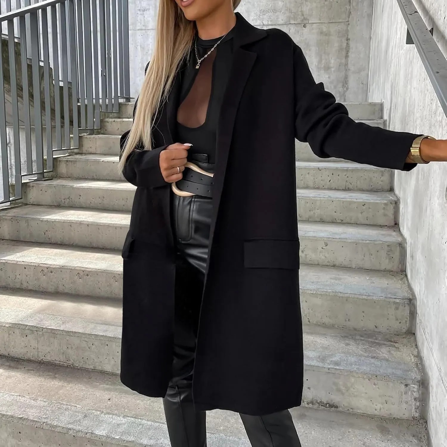 Trench Coats for Women Long Open Front Oversized Knitted Sweater Coat Classic Lapel Overcoat Windproof Jackets