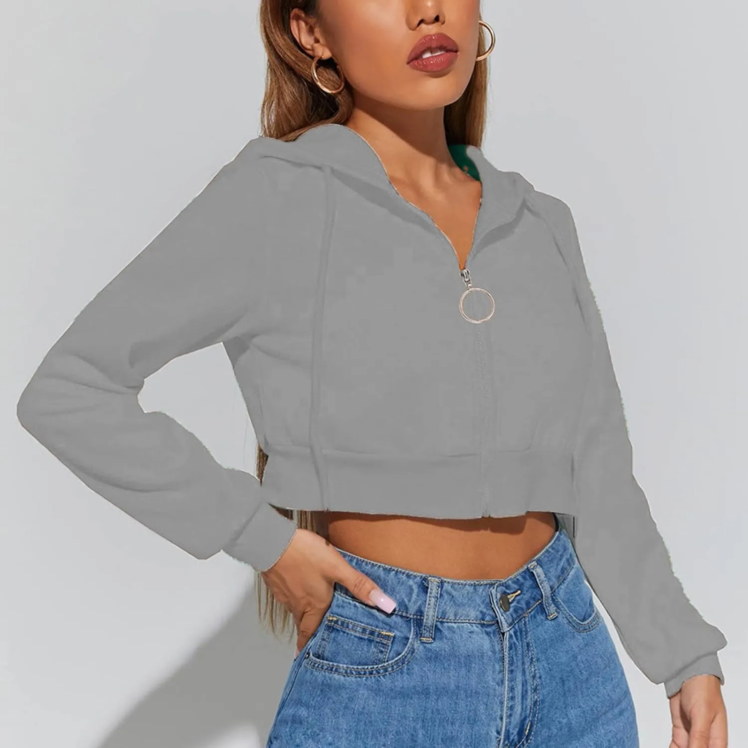 TUNUSKAT Womens Sexy Cropped Hoodies Zip Up Fleece Lined Fall Winter Jacket Short Hooded Sweatshirt Cardigan Girls Y2k Tops