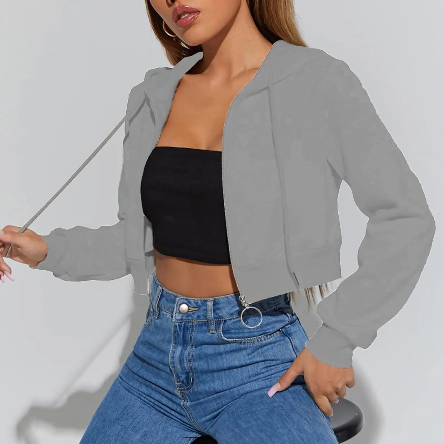 TUNUSKAT Womens Sexy Cropped Hoodies Zip Up Fleece Lined Fall Winter Jacket Short Hooded Sweatshirt Cardigan Girls Y2k Tops