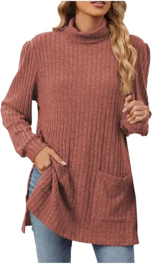 Turtleneck Sweaters for Women Long Sleeve Oversized Sweater with Pockets Loose Chunky Warm Pullover Sweater Top