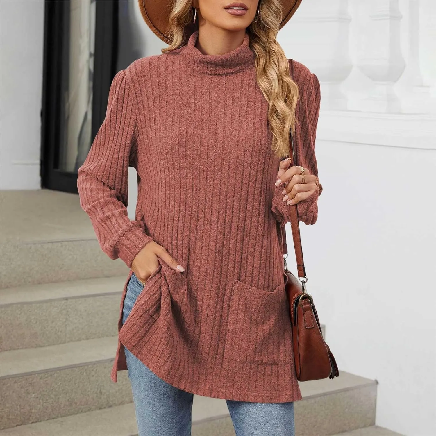 Turtleneck Sweaters for Women Long Sleeve Oversized Sweater with Pockets Loose Chunky Warm Pullover Sweater Top