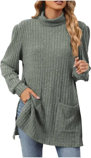 Turtleneck Sweaters for Women Long Sleeve Oversized Sweater with Pockets Loose Chunky Warm Pullover Sweater Top
