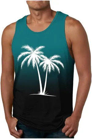 Uillui Men's Graphic T-Shirts Palm Tree Beach Shirts Summer Gym Workout Sleeveless Muscle Tank Tops Casual Cotton Tank Tops