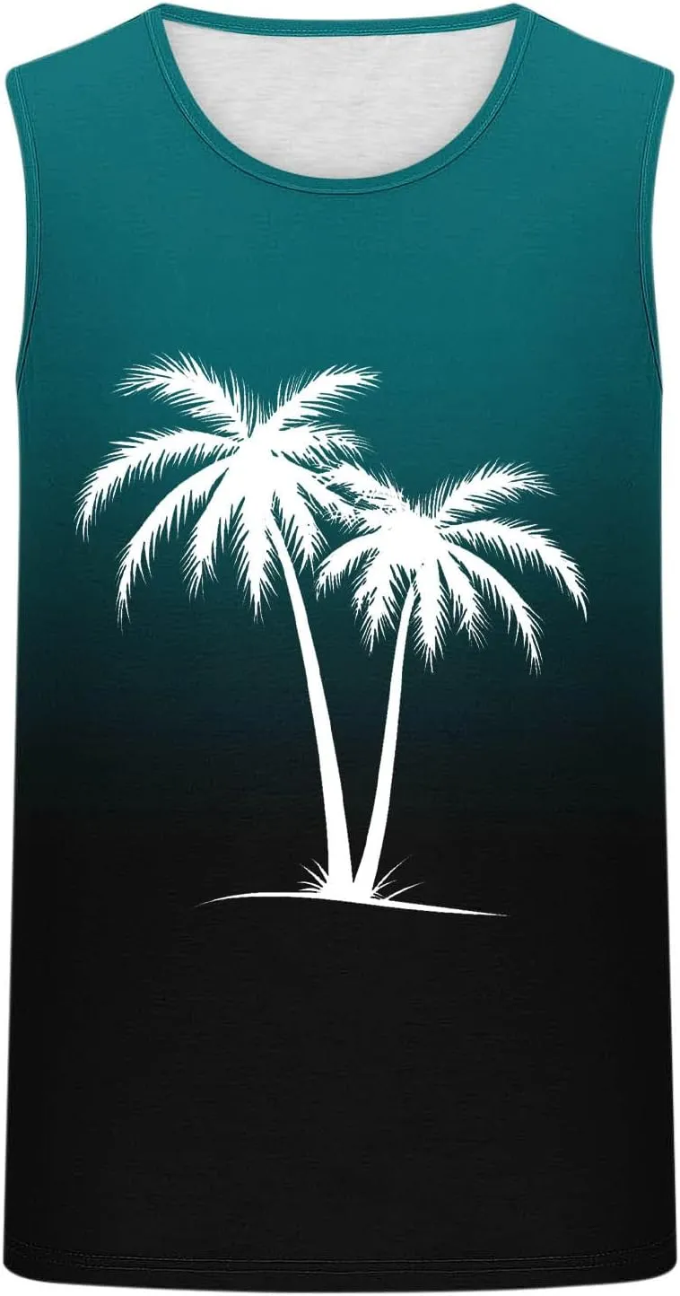 Uillui Men's Graphic T-Shirts Palm Tree Beach Shirts Summer Gym Workout Sleeveless Muscle Tank Tops Casual Cotton Tank Tops