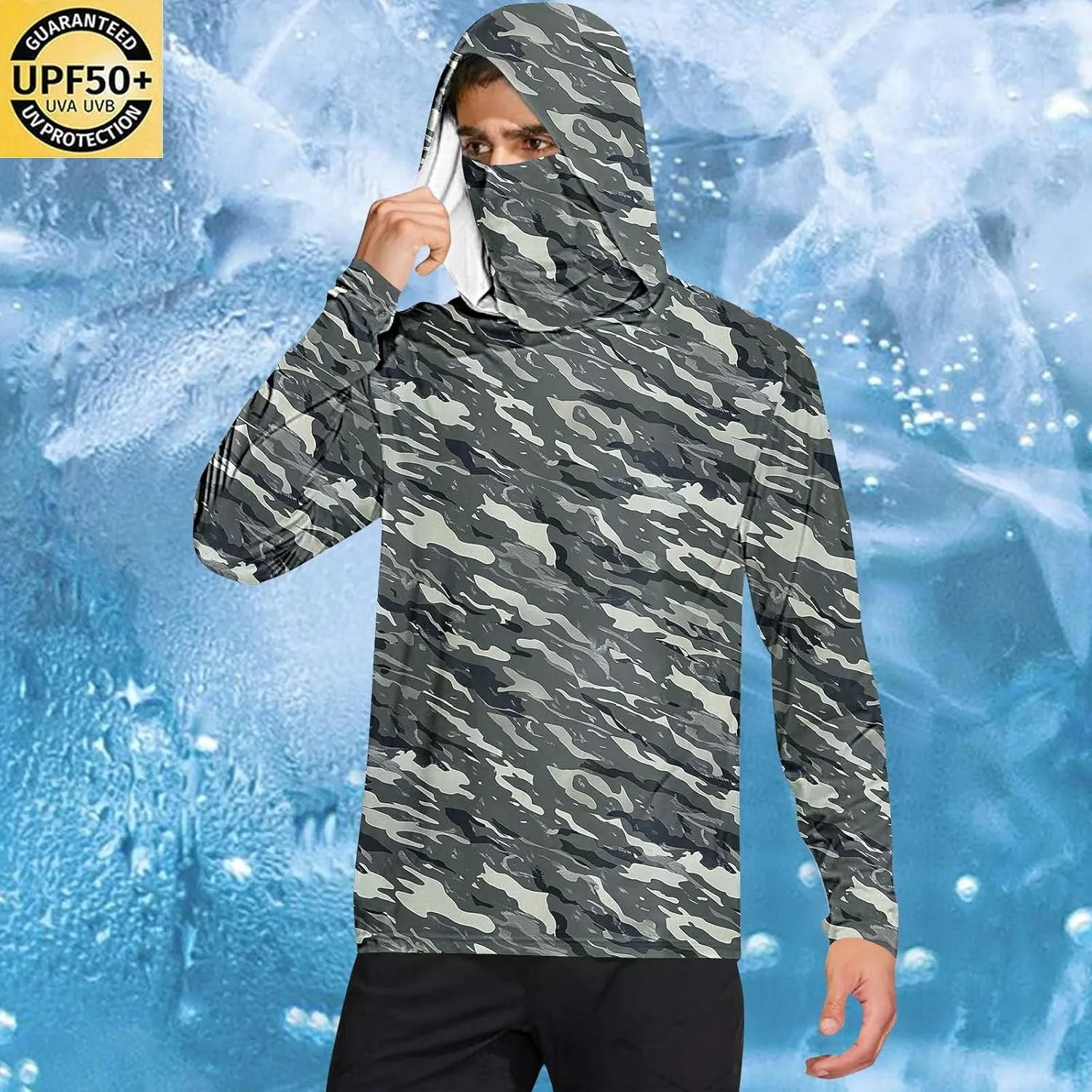 UPF 50  Fishing Shirts for Men Long Sleeve UV Sun Protection Hoodie Camo Tops Outdoor Hiking Running Swim Rash Guard