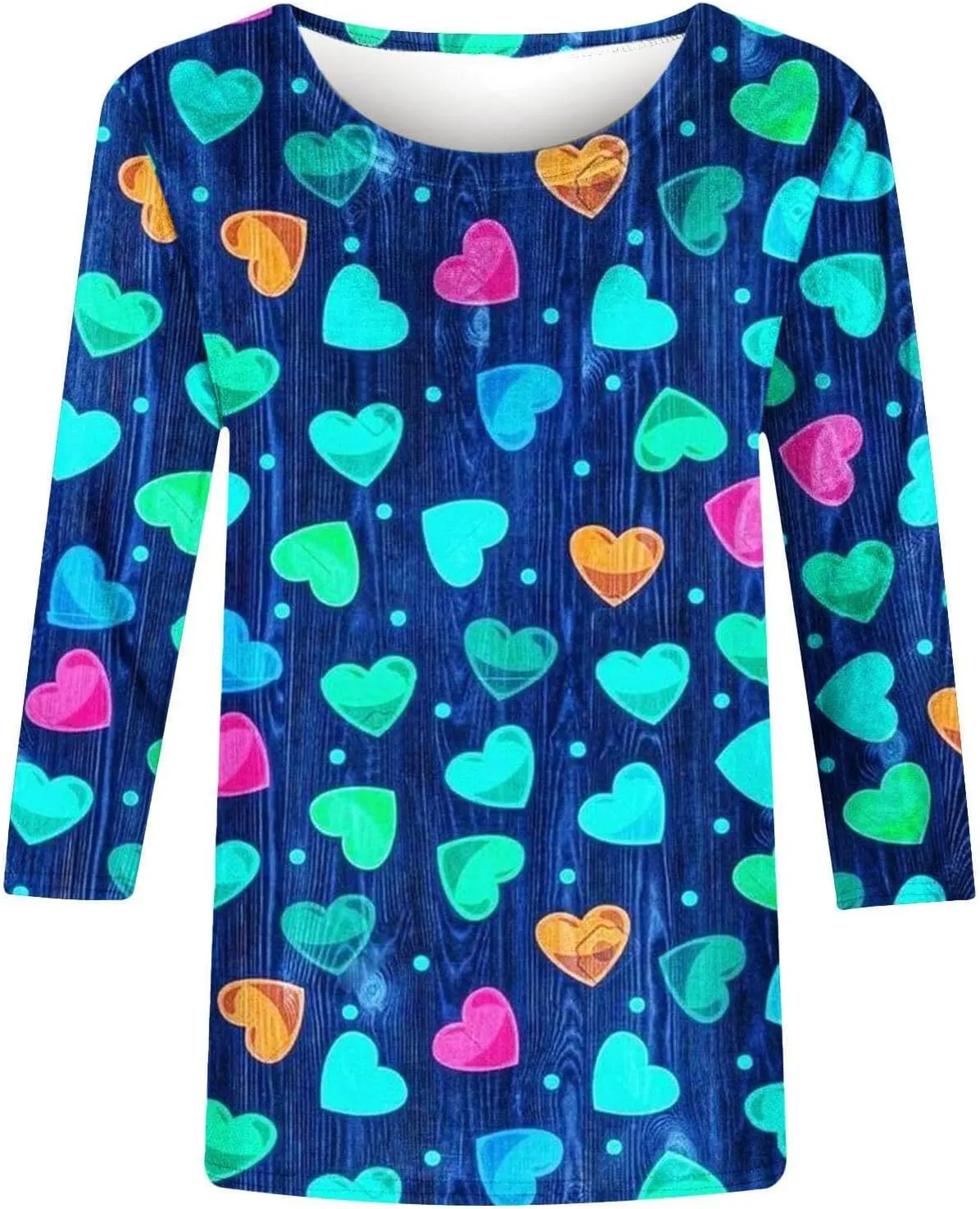 Valentines-Day Print Tshirt for Women Trendy 3/4 Sleeve Love Heart Graphic Blouse Vacation Party Slim Casual Pullover