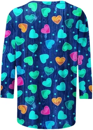Valentines-Day Print Tshirt for Women Trendy 3/4 Sleeve Love Heart Graphic Blouse Vacation Party Slim Casual Pullover