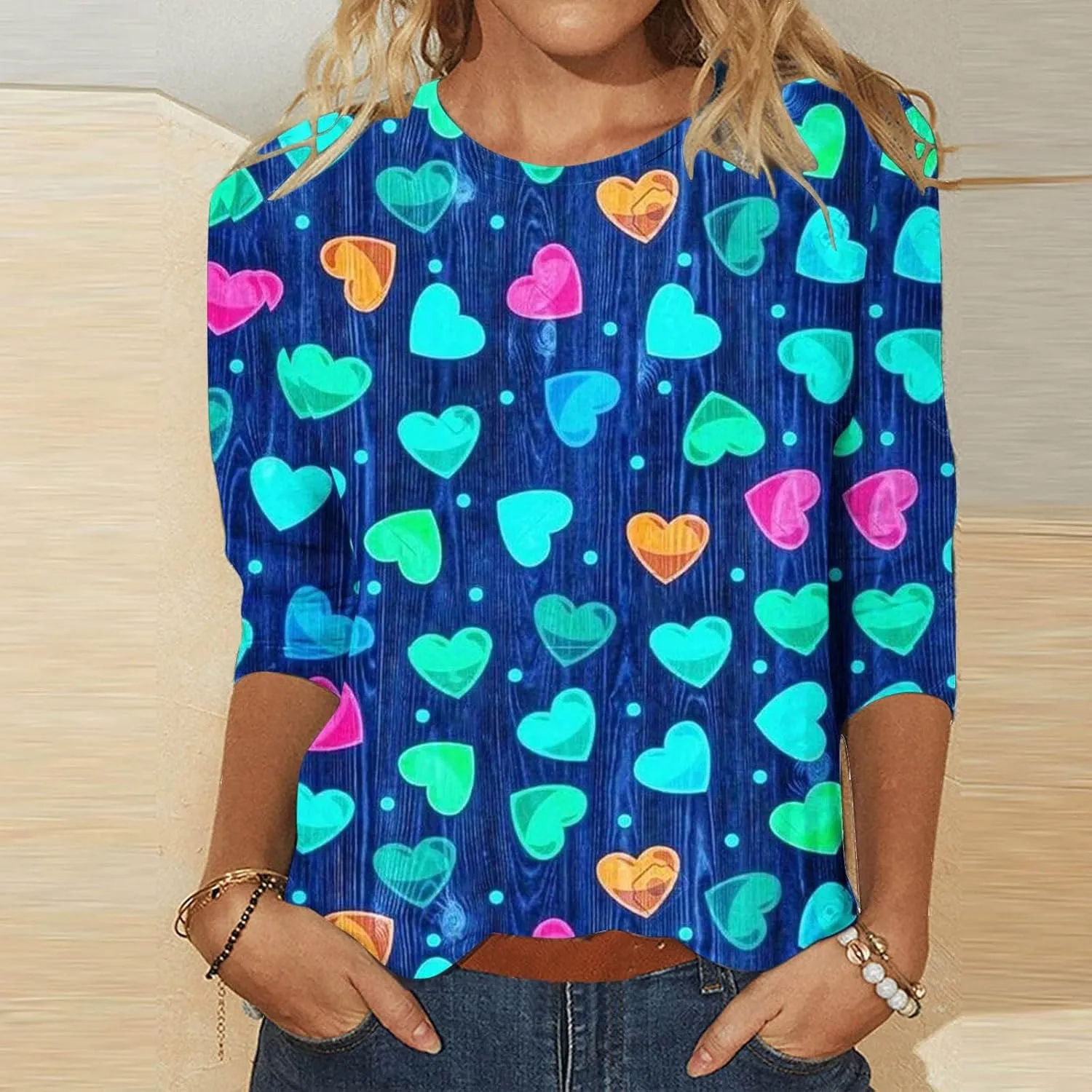 Valentines-Day Print Tshirt for Women Trendy 3/4 Sleeve Love Heart Graphic Blouse Vacation Party Slim Casual Pullover