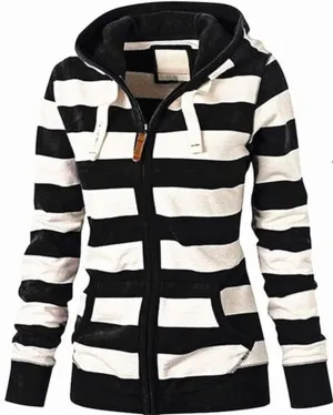 Wankang Women's Striped Color Block Hoodies Long Sleeve Hooded Sweatshirts Zip Up Jacket Pullover Top with Pockets Plus Size