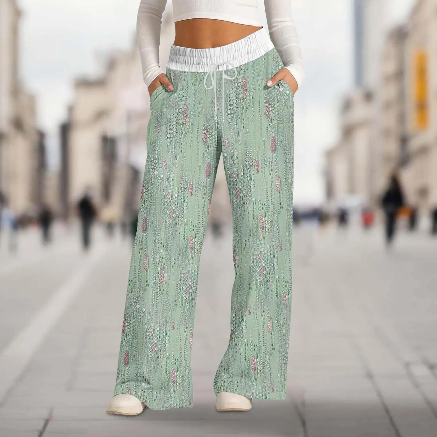 Wide Leg Baggy Pants Fashion Lacing Solid Color Waist Waist Wide Leg Casual Pants Fleece Joggers Womens Wide Leg