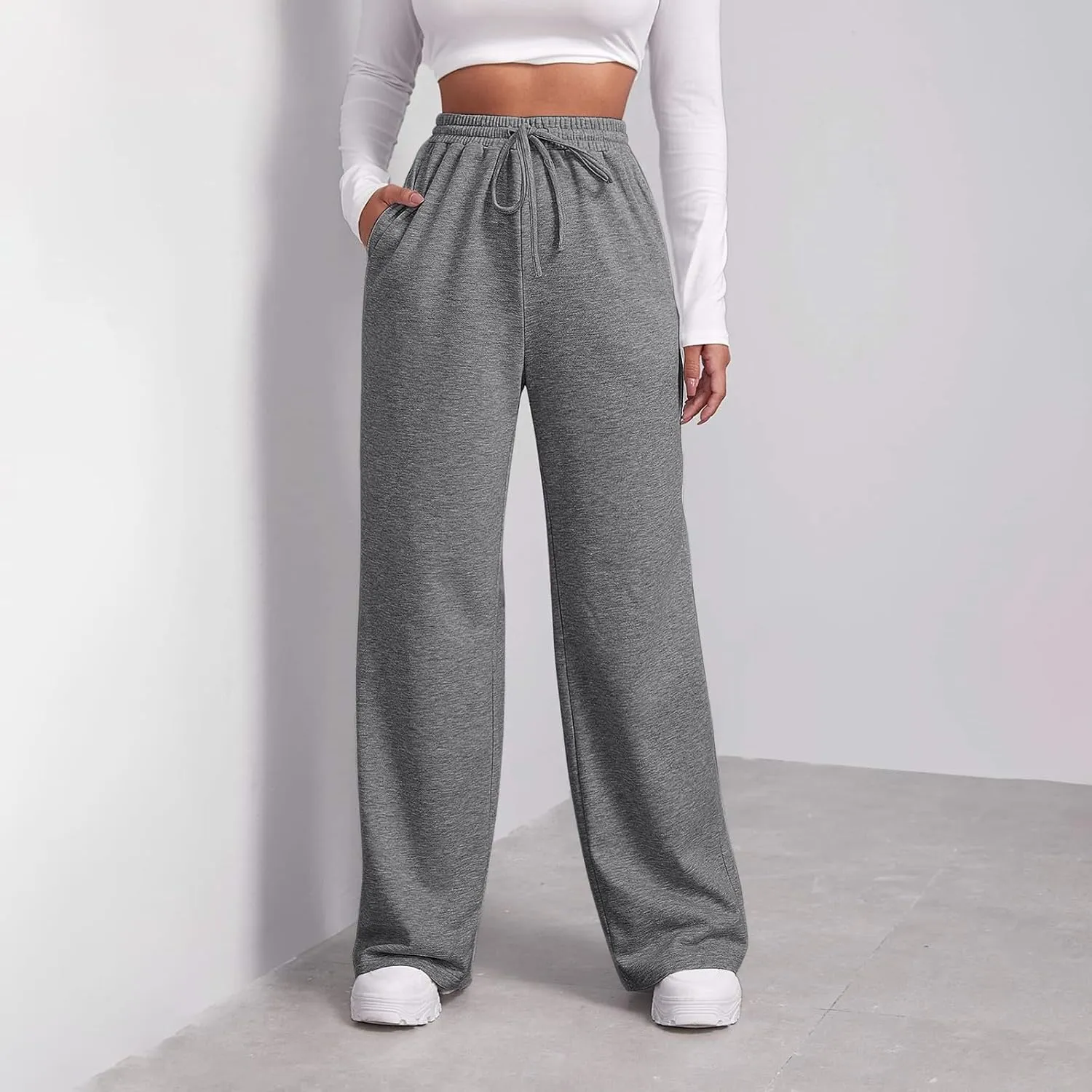 Wide Leg Sweatpants Women Baggy Casual High Waisted Fleece Lined Flare Pants Soft Comfy Workout Joggers with Pockets
