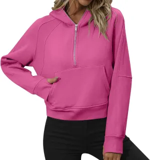 Women Fleece Half Zip Pullover Cropped Hoodies Plain Quarter Zip Up Sweatshirts Hooded Winter Fall Fashion